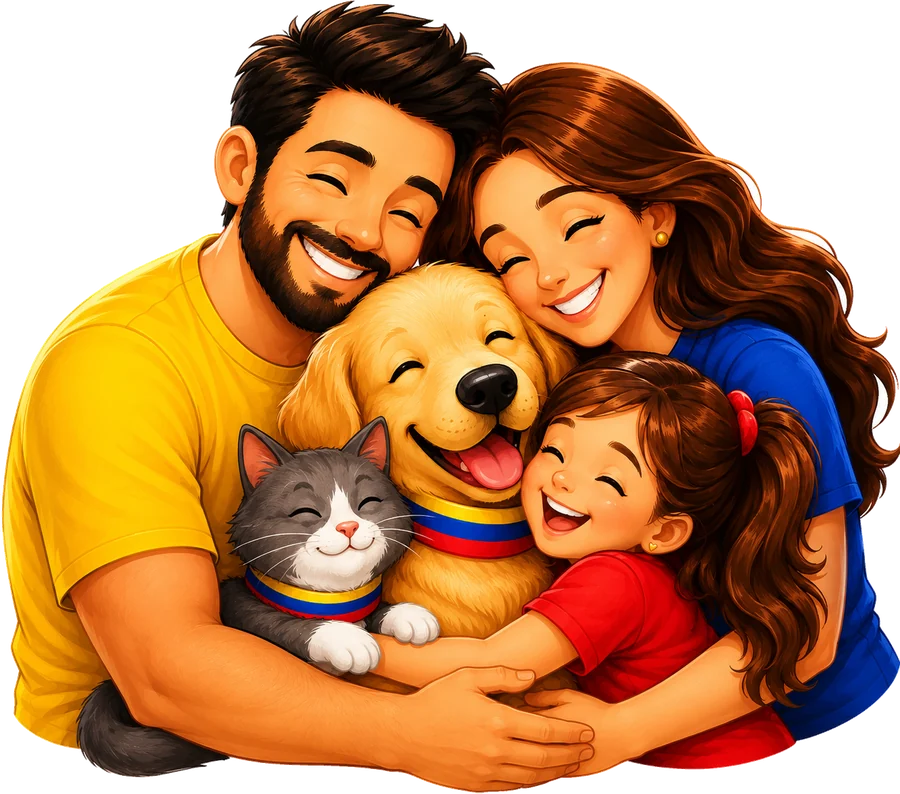 Ilustración: una familia vestida con los colores de la bandera de Venezuela abraza a su perro y su gato reencontrados